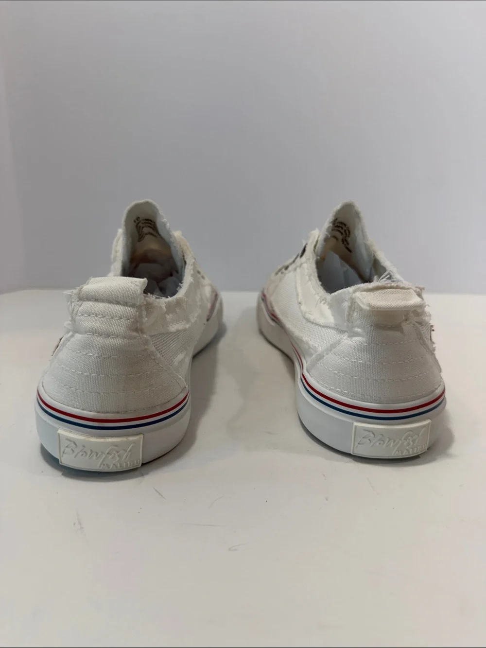 Blowfish White Slip-On Canvas Sneakers with Red & Blue Stripe